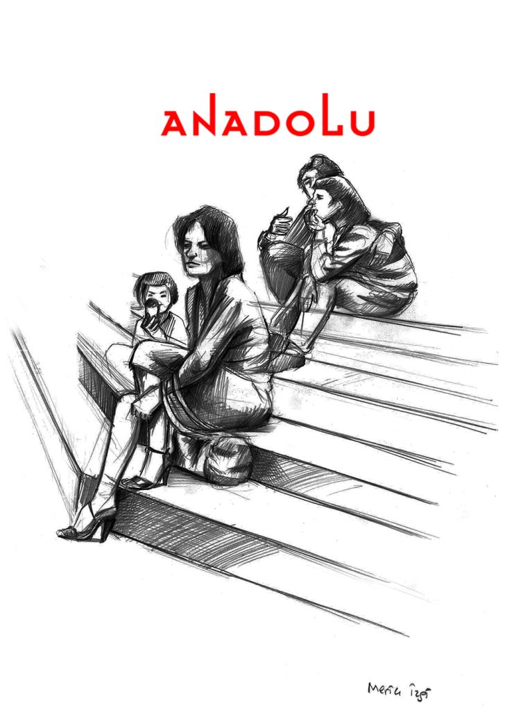 Karakalem Merdivende Oturan Anne Ve Çocuk Çizimi İstanbul